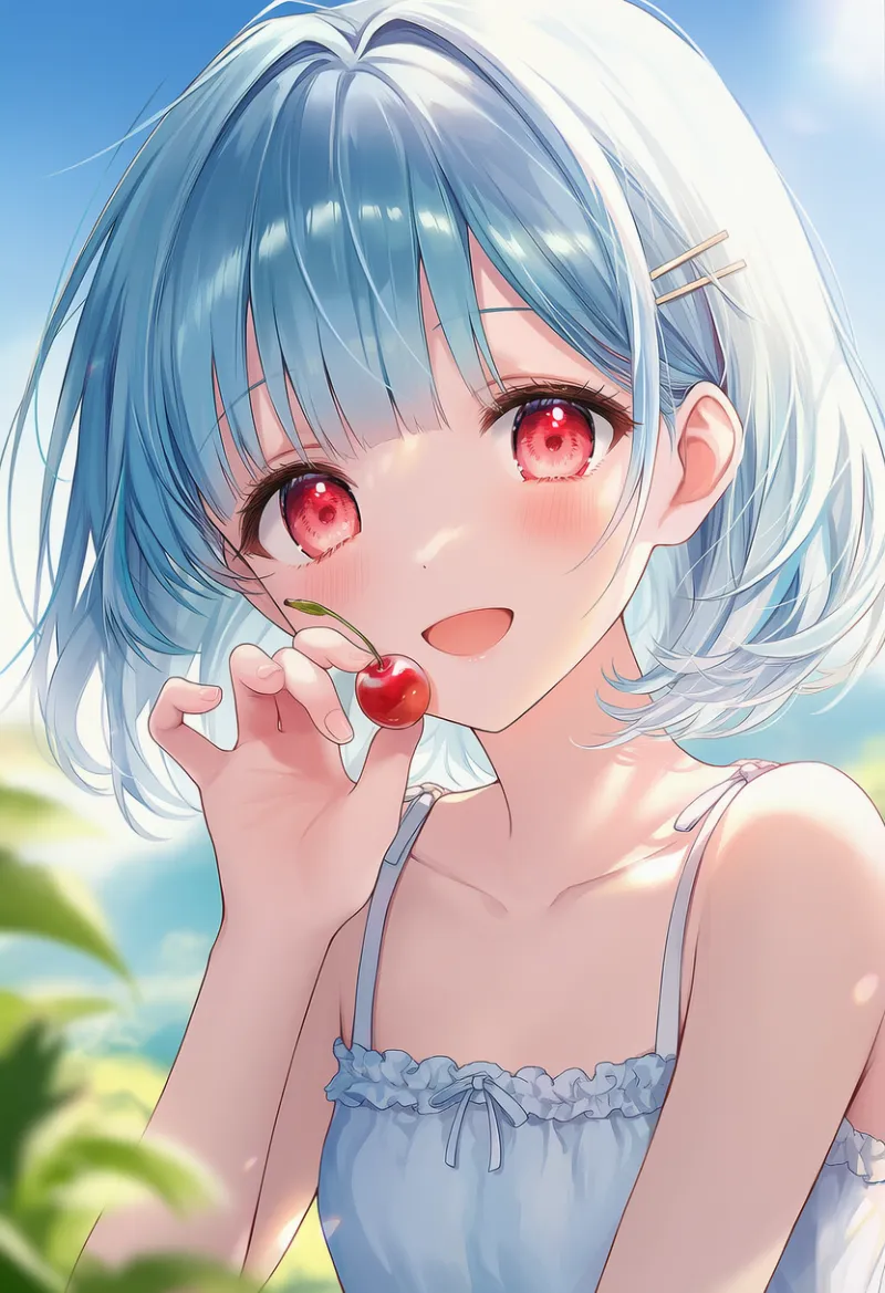 チェリーを頬に近づけている美少女AIイラストの作例