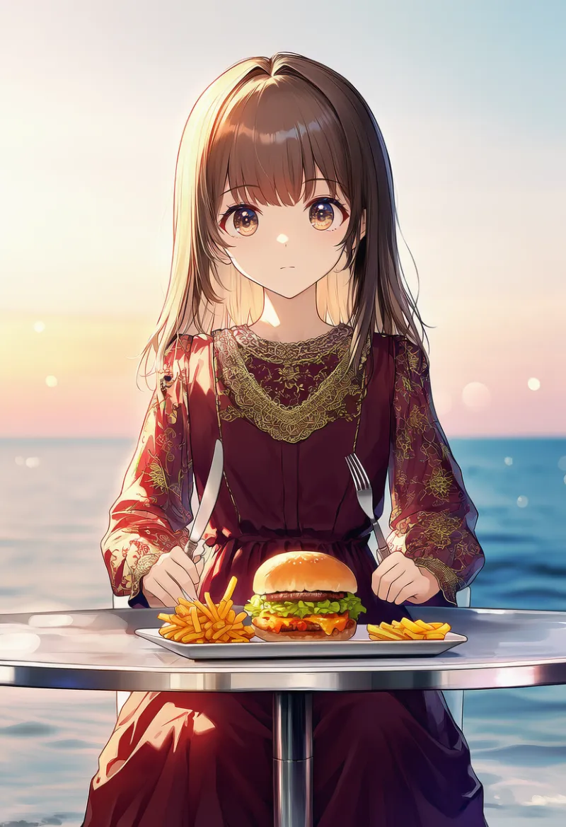 ジャンクフードをドレス姿で食べようとしている美少女のAIイラスト