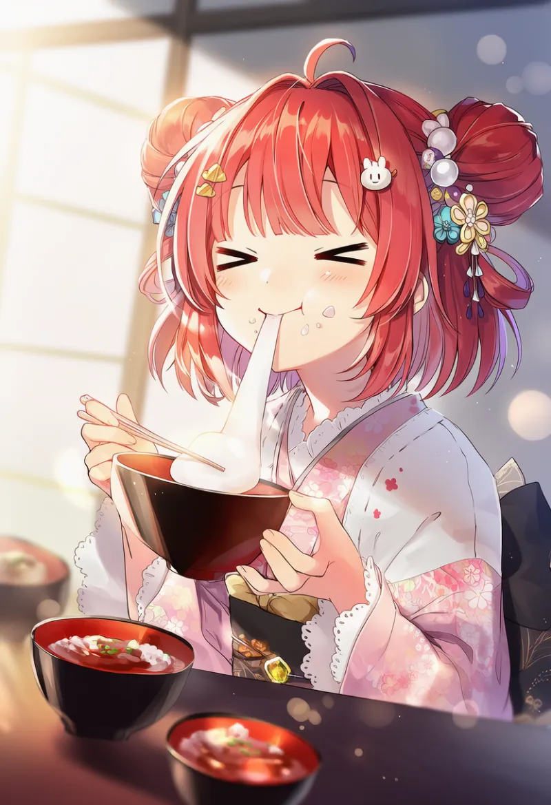 おもちを美味しそうに食べる美少女のAIイラスト作例