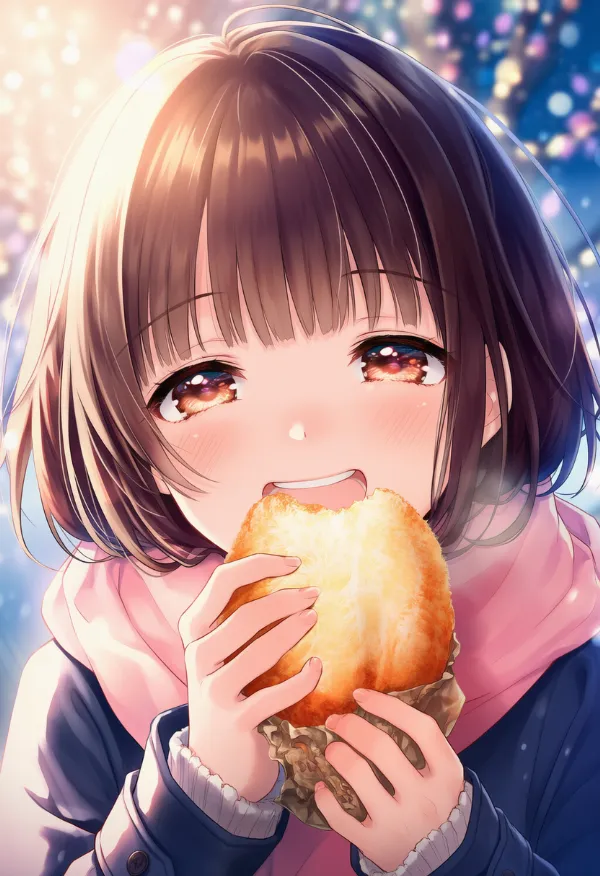 ガブリと食べ物に噛み付いているシーンのAIイラスト|プロンプト紹介