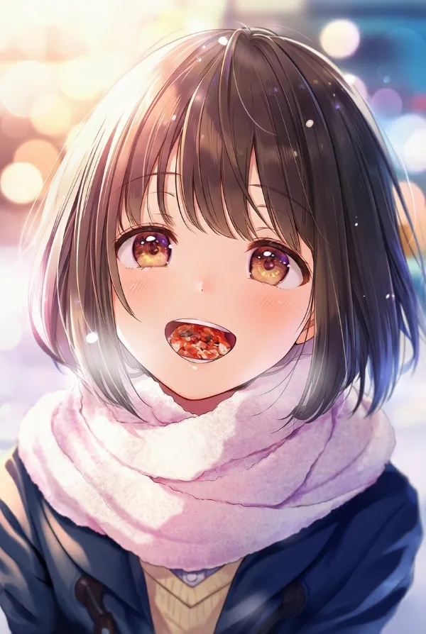 口に食べ物が入っている状態のAIイラスト|プロンプト紹介