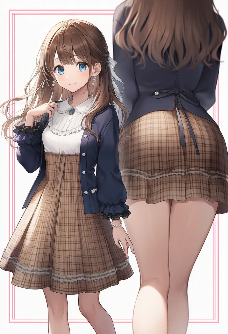 ブラウンタータン・プレッピー調チェックドレス|お嬢様ファッションのAIイラストとプロンプト