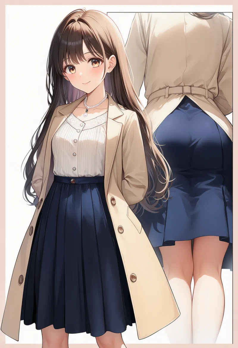 ベージュ・上品トレンチスタイル外出コーデ|お嬢様ファッションのAIイラストとプロンプト