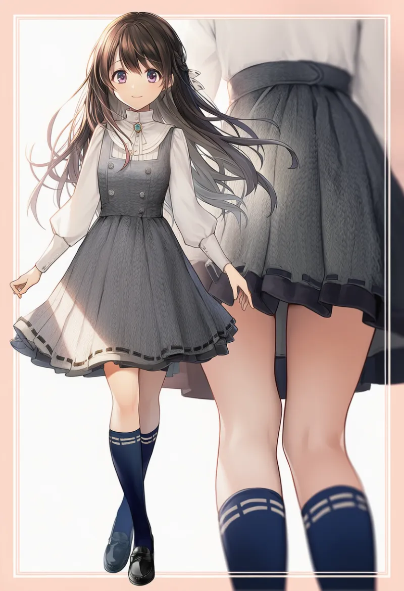 グレーウール・落ち着きスクール風ピナフォア|お嬢様ファッションのAIイラストとプロンプト