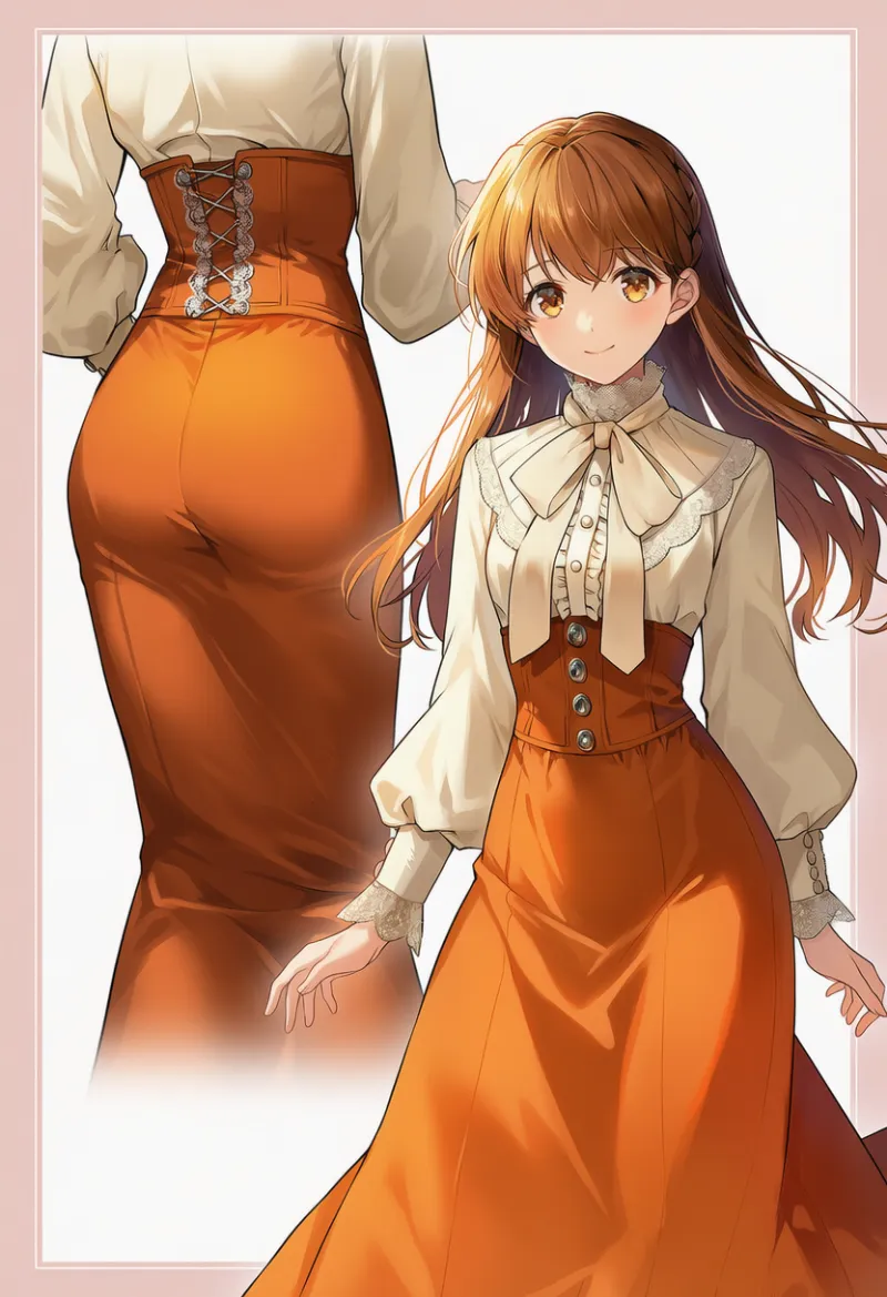 テラコッタ・ヴィクトリアン調正装ドレス|お嬢様ファッションのAIイラストとプロンプト