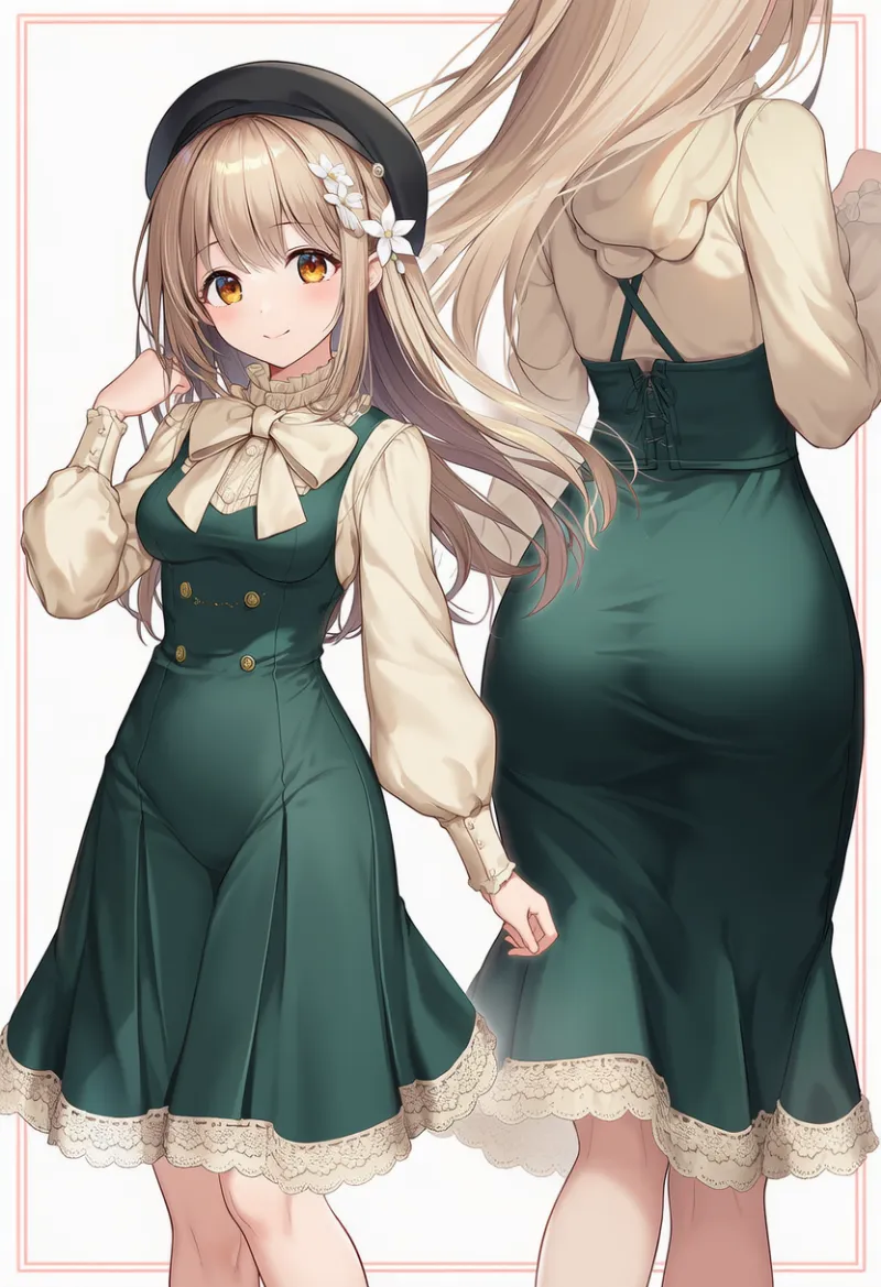 ダークグリーン・クラシカルピナフォア|お嬢様ファッションのAIイラストとプロンプト