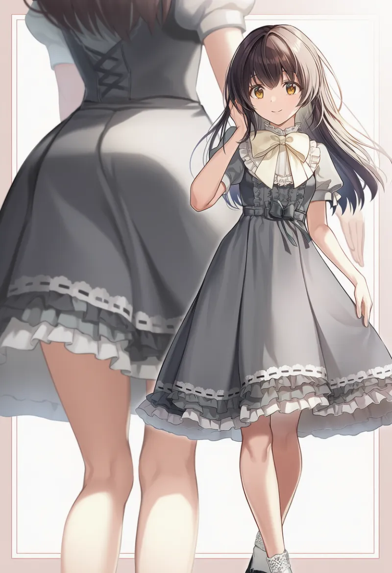 グレー・ケープレット付きロリータ調ドレス|お嬢様ファッションのAIイラストとプロンプト