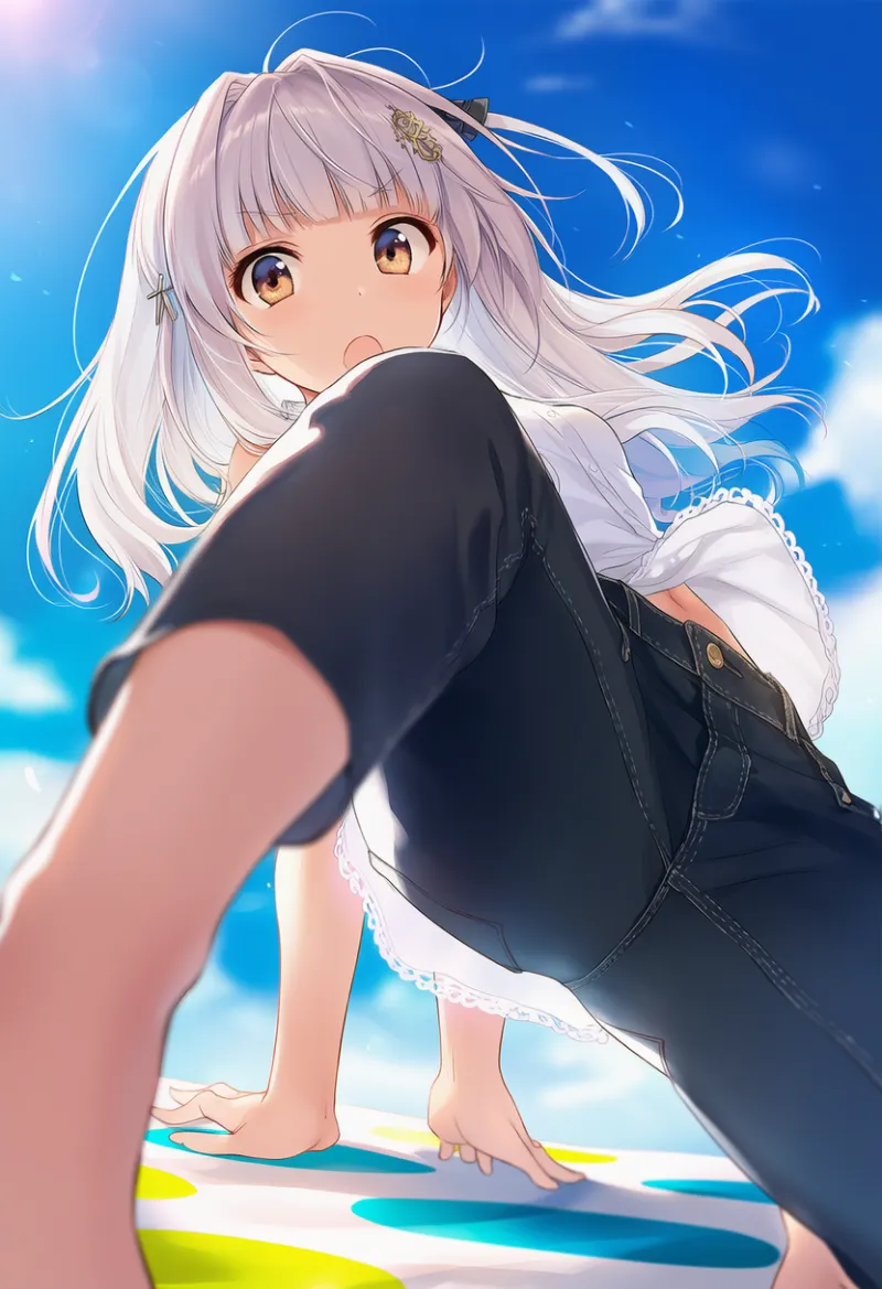 下からのアングル|ツイスター系ポーズのAIイラスト作例