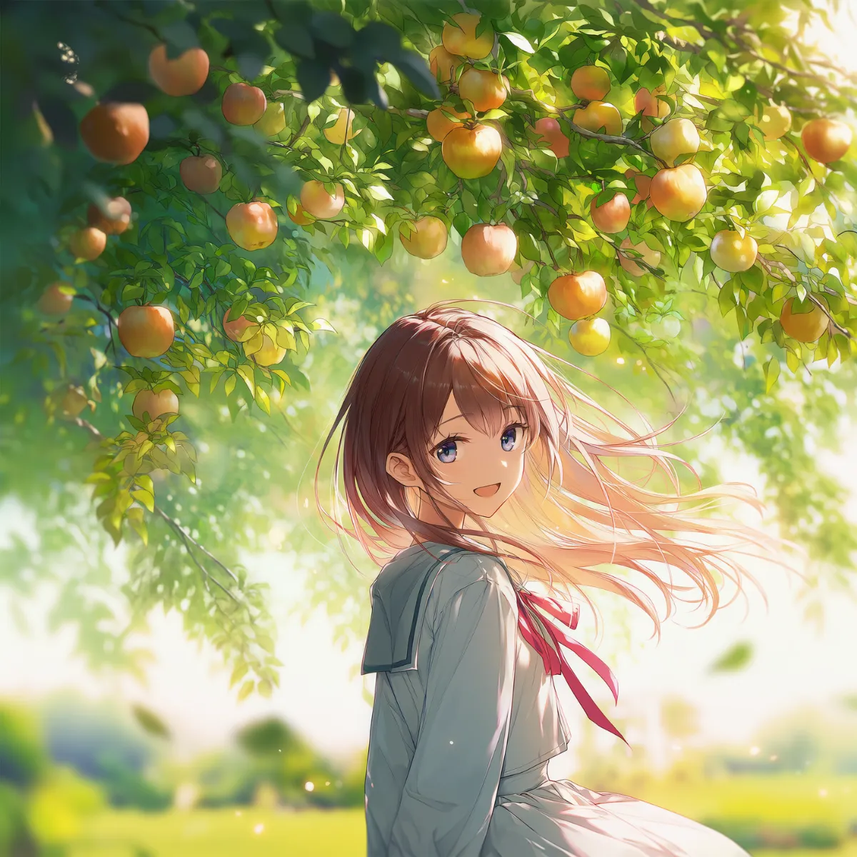 果樹園に佇む美少女のAIイラストの作例