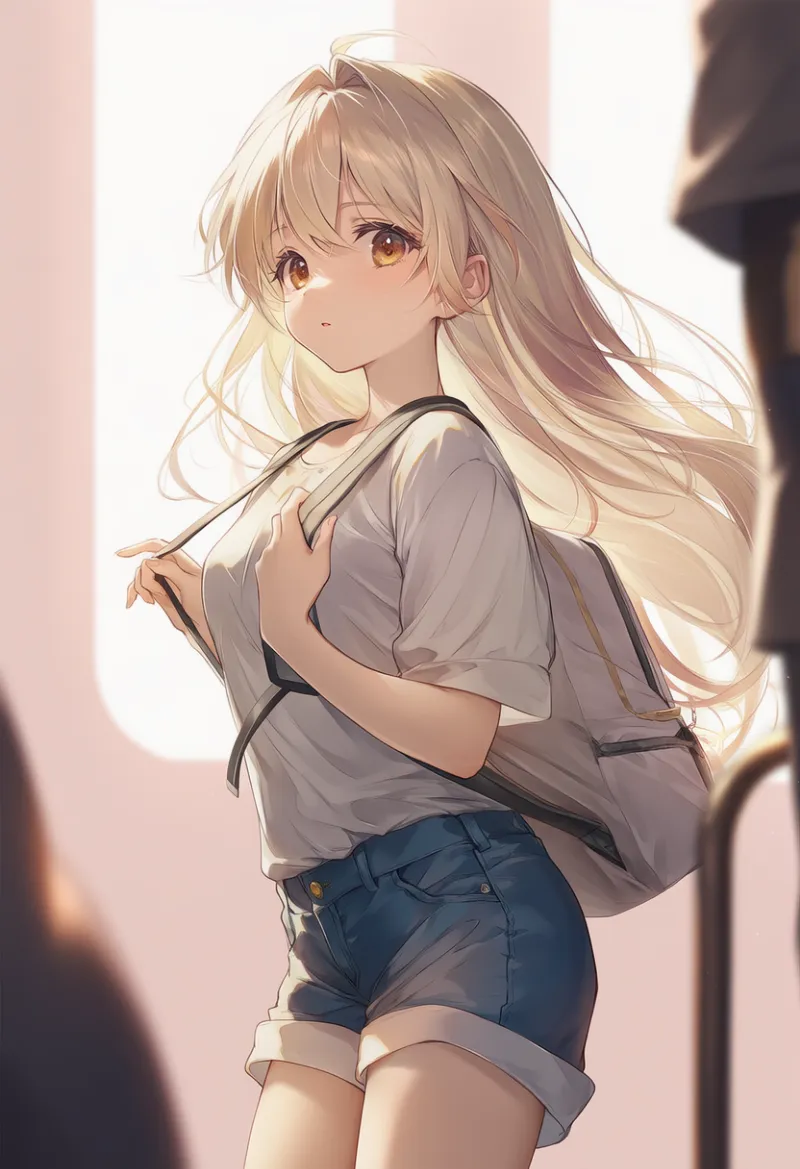 バッグのストラップを掴む美少女のAIイラスト作例