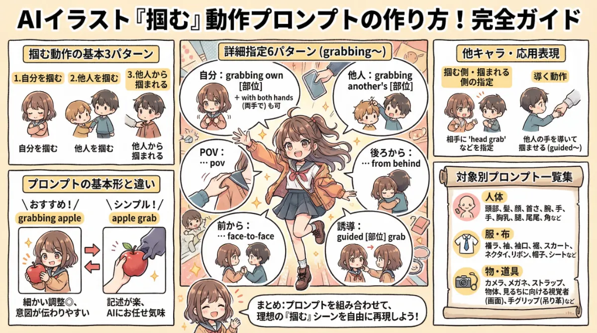 掴む動作のプロンプト(自分を掴む・他人を掴む・掴まれる)のまとめ用の図解イラスト