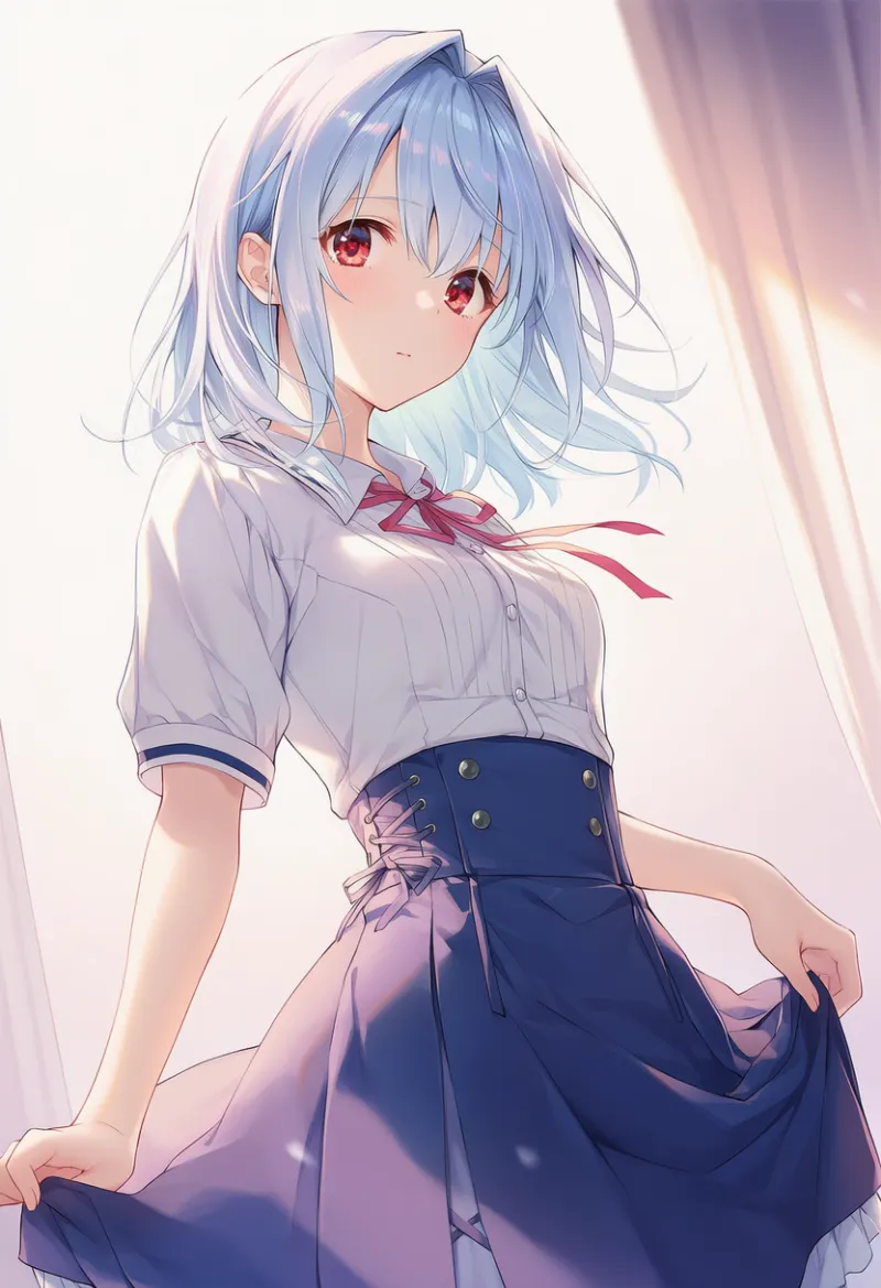 自分のスカートの裾を掴むAIイラスト|プロンプト紹介