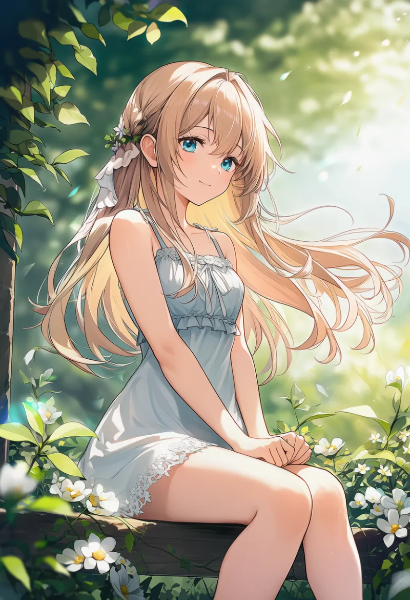 手を膝の上に置く（ももの上）｜プロンプト紹介