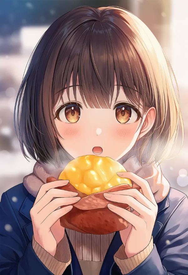 手に食べ物を持つシーンのAIイラスト|プロンプト紹介