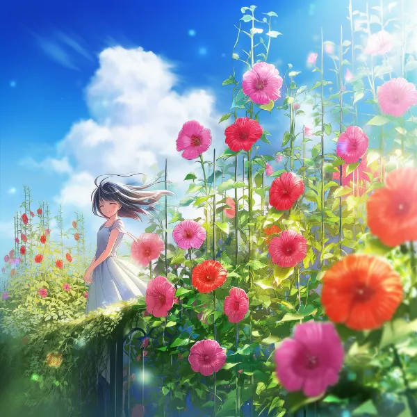 葵（タチアオイ）のプロンプト紹介｜多年草の花・AIイラスト