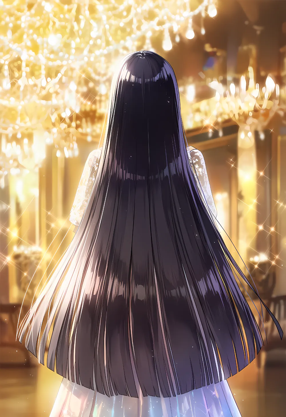 美髪ストレート（後ろ姿）のAIイラスト作例