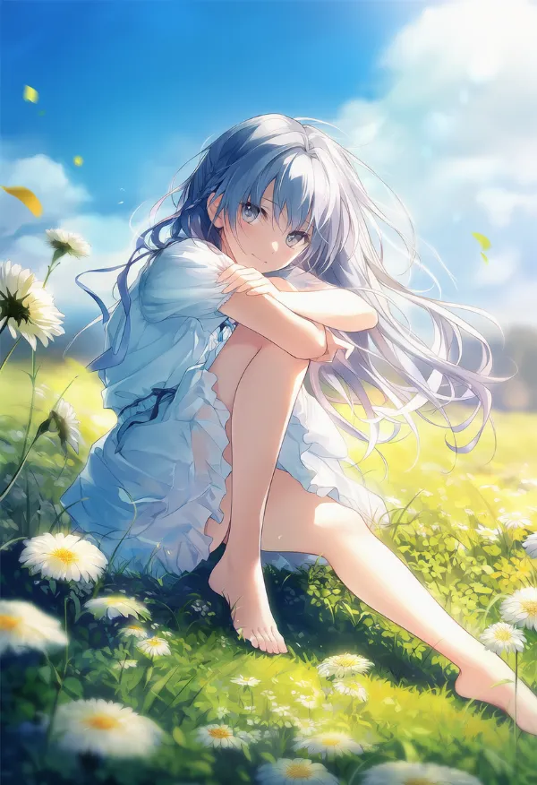 片膝を抱える｜プロンプト紹介