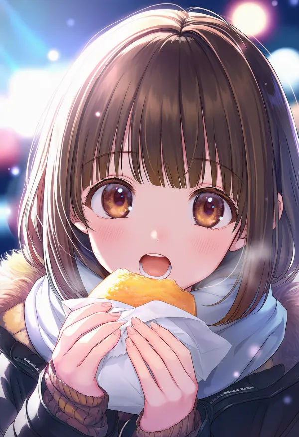 今まさに一口食べようとしているシーンのAIイラスト|プロンプト紹介