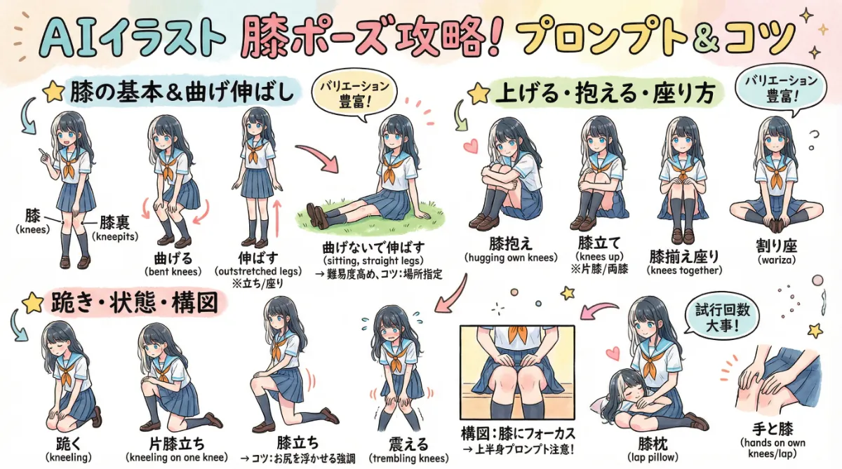 膝を使ったポーズのプロンプトのまとめ用の図解イラスト