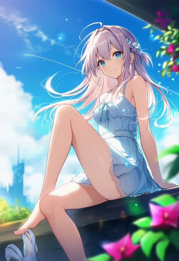 片膝を立てて座る｜プロンプト紹介