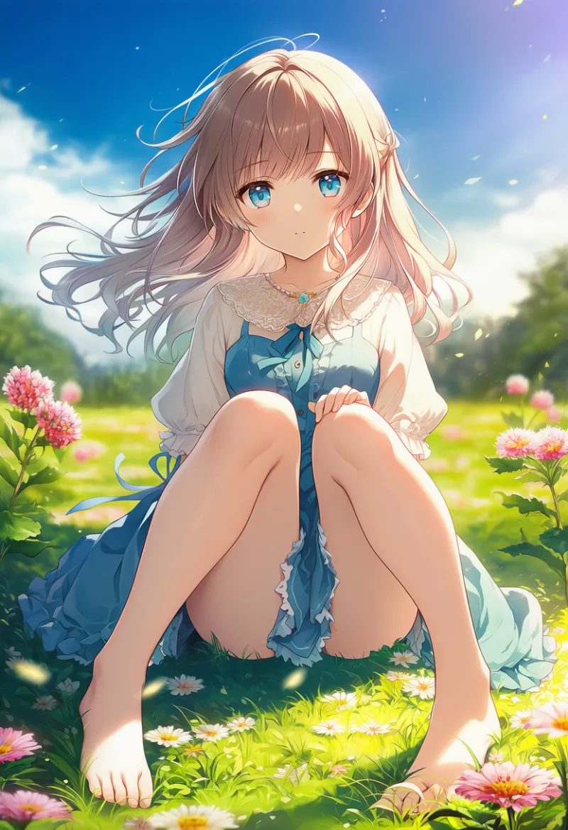 草原の上で、膝を揃え、足を開いて座る｜プロンプト紹介