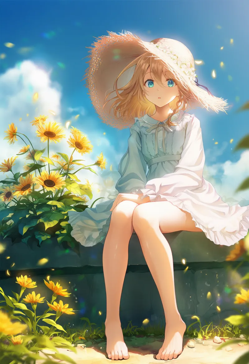 膝を揃え、足を開いて座る｜プロンプト紹介