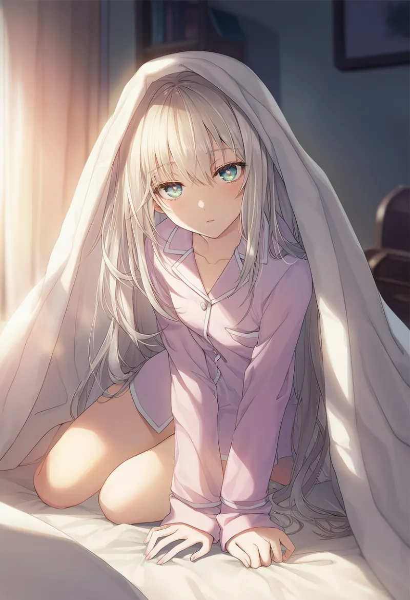 布団を持ち上げるポーズを再現したAIイラストとプロンプト