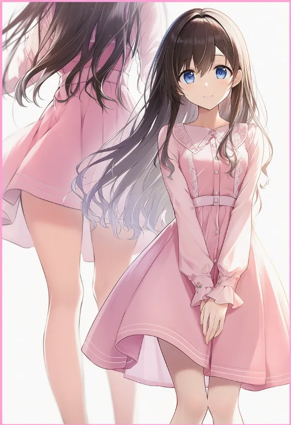 ライトピンクのお嬢様ファッションドレスのAIイラスト作例