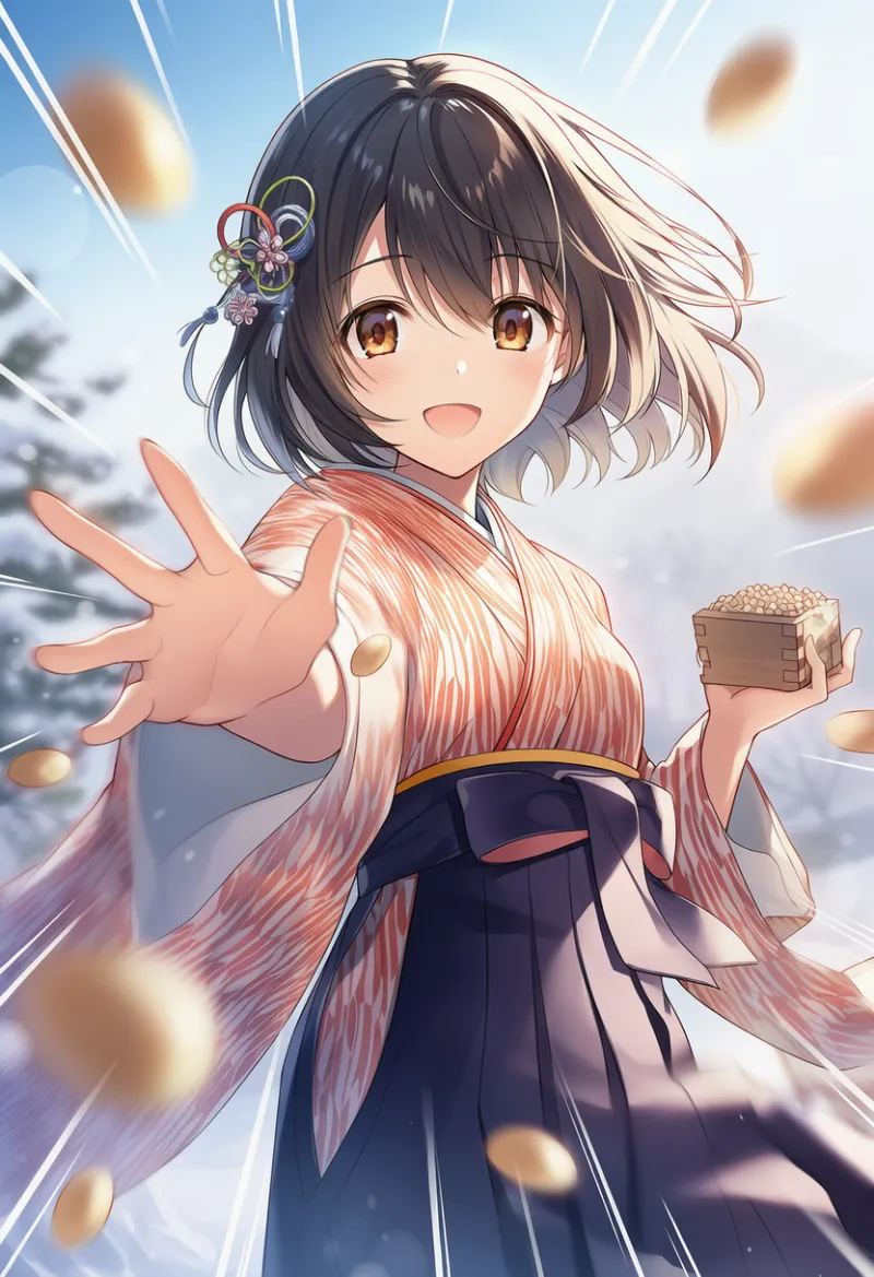 節分の豆まき（投げる動作）のプロンプトとAIイラスト