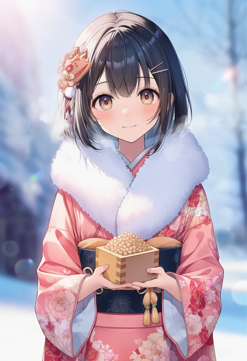 節分の豆まきの升を持った状態を再現するプロンプトとAIイラスト