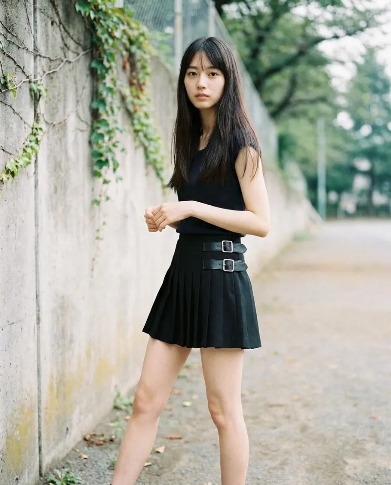 ダブルベルト・プリーツミニスカート｜Nano Banana プロンプト（AI美女用）