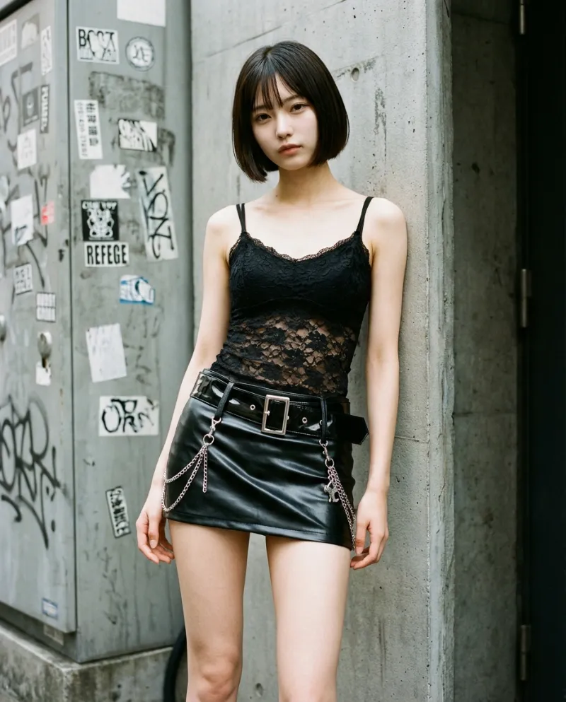 チェーンレザータイトミニスカート｜Nano Banana プロンプト（AI美女用）