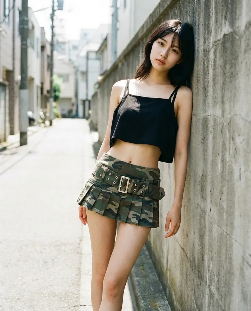 迷彩柄・ワイドベルトミニスカート｜Nano Banana プロンプト（AI美女用）