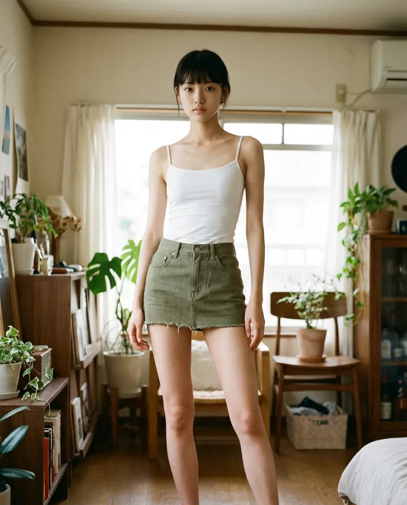 カーキ色のカットオフ・デニムミニスカート｜Nano Banana プロンプト（AI美女用）