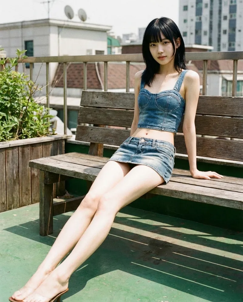 ヴィンテージデニム・パネルミニスカート｜Nano Banana プロンプト（AI美女用）