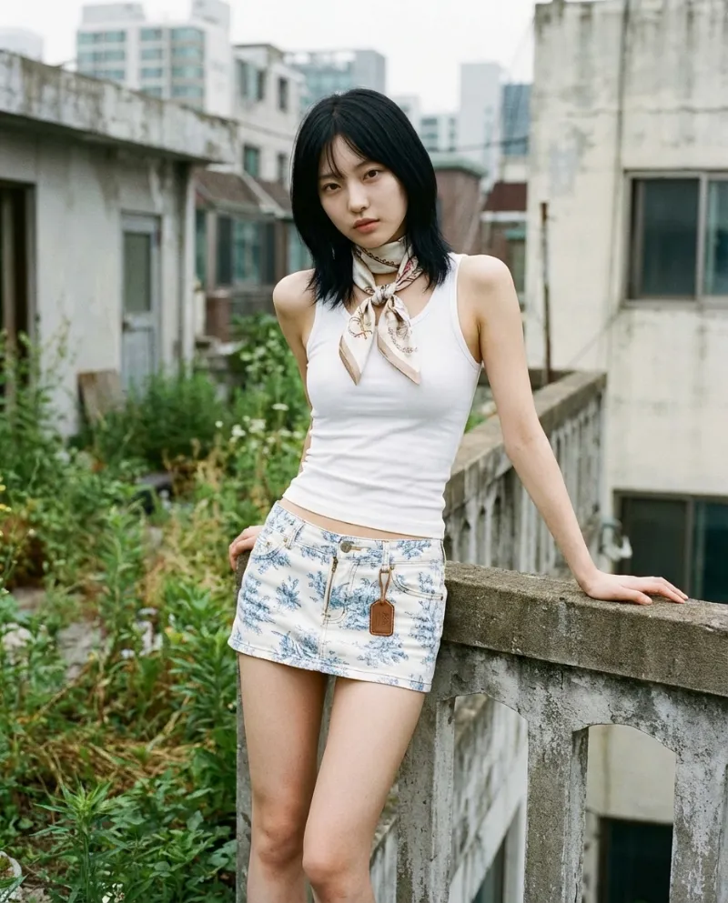 総柄タグ付きスリムデニムミニスカート｜Nano Banana プロンプト（AI美女用）