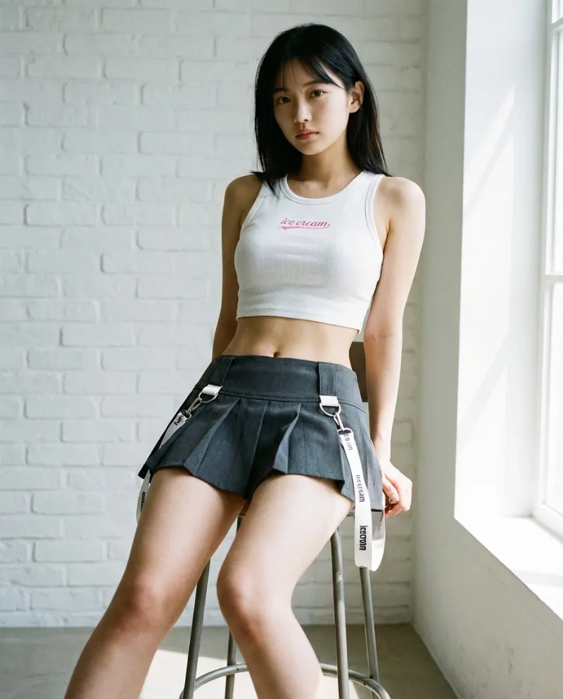 テックストラップ・プリーツミニスカート｜Nano Banana プロンプト（AI美女用）