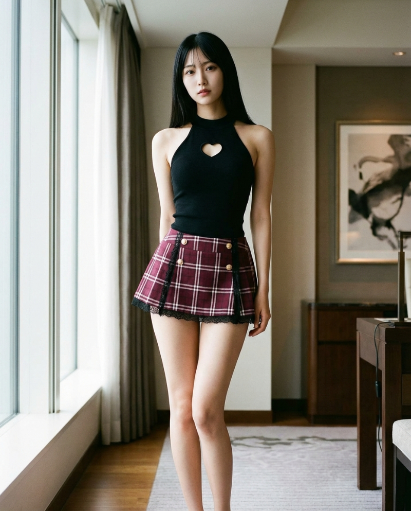 バーガンディ・レースチェックミニスカート｜Nano Banana プロンプト（AI美女用）