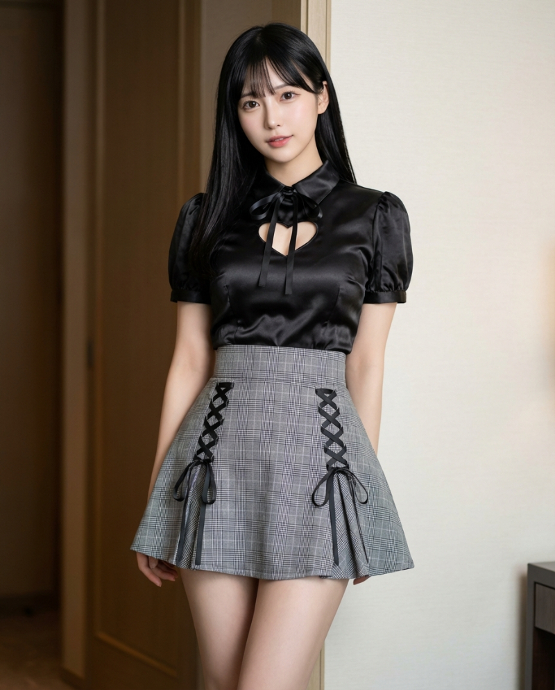 グレーチェック・レースアップミニスカート｜Nano Banana プロンプト（AI美女用）
