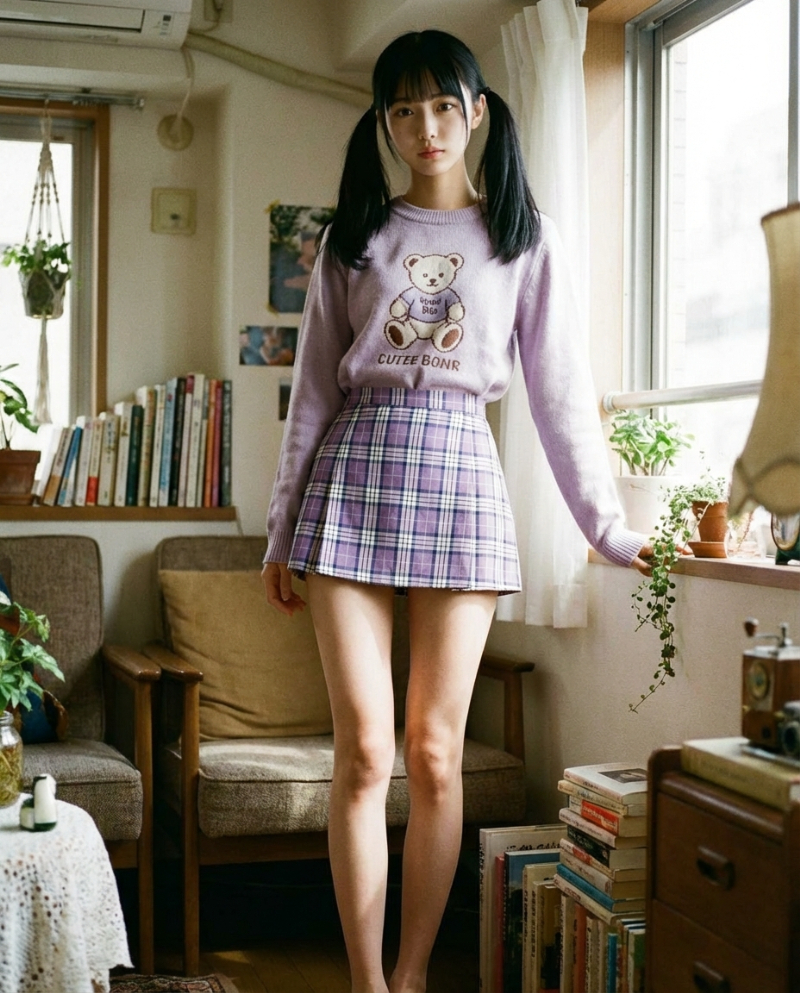 パープルタータン・フレアミニスカート｜Nano Banana プロンプト（AI美女用）