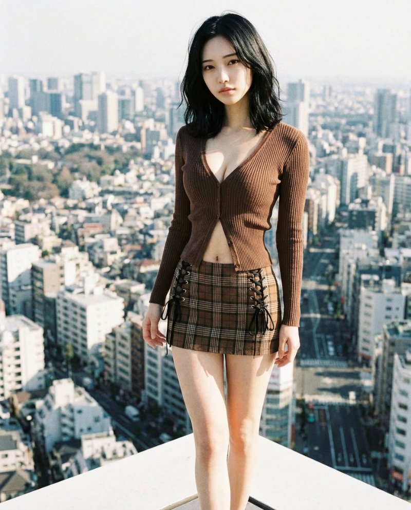 サイド編み上げチェックミニスカート｜Nano Banana プロンプト（AI美女用）