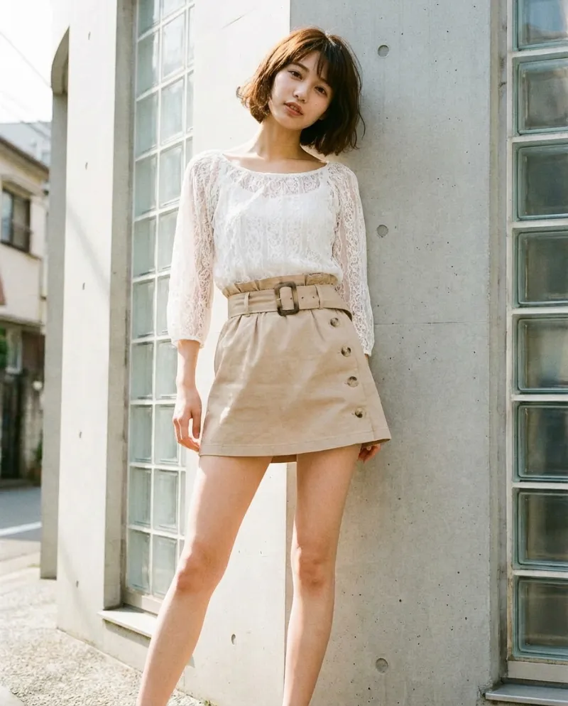 ベルトボタン・フレアミニスカート｜Nano Banana プロンプト（AI美女用）