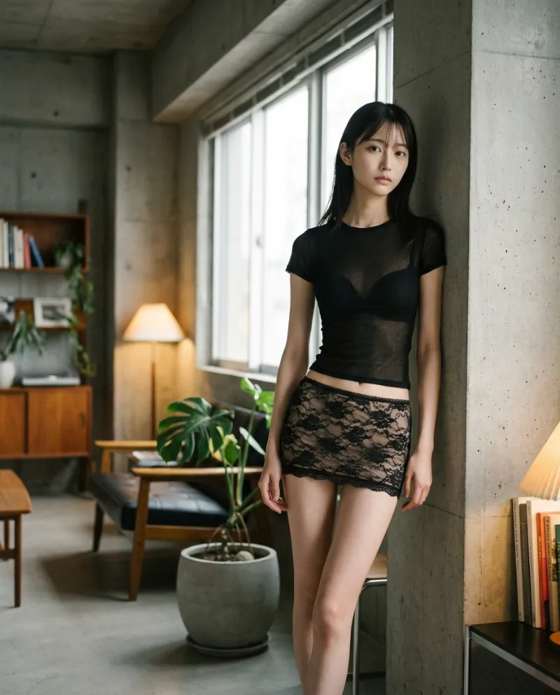 シースルー・ブラックレースミニスカート｜Nano Banana プロンプト（AI美女用）