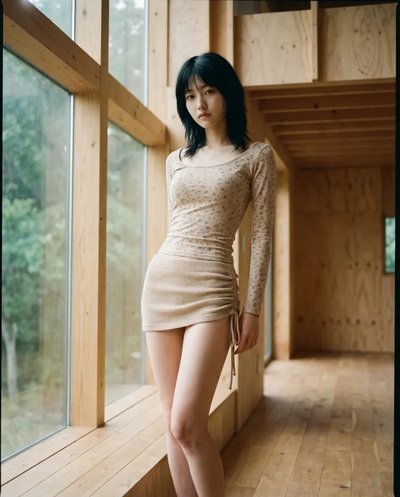 片側ギャザーニットミニスカート｜Nano Banana プロンプト（AI美女用）