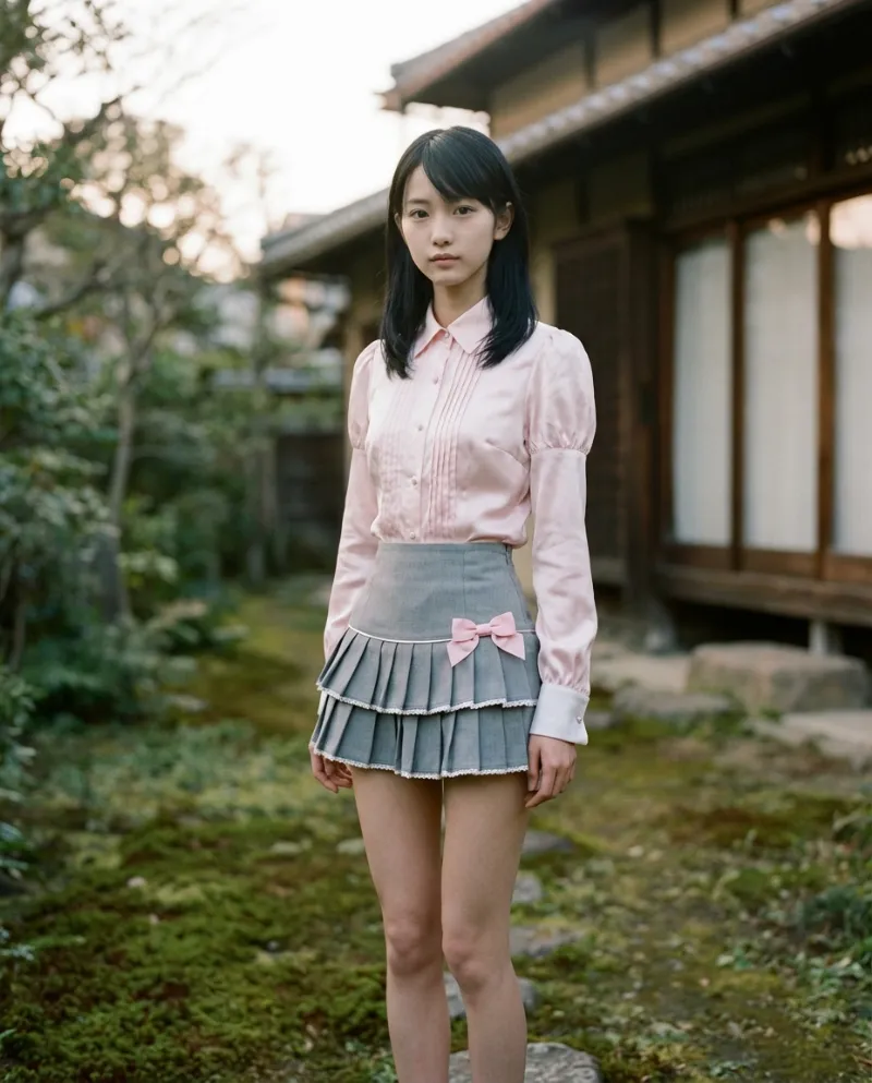 リボン付きグレー二段プリーツミニスカート｜Nano Banana プロンプト（AI美女用）