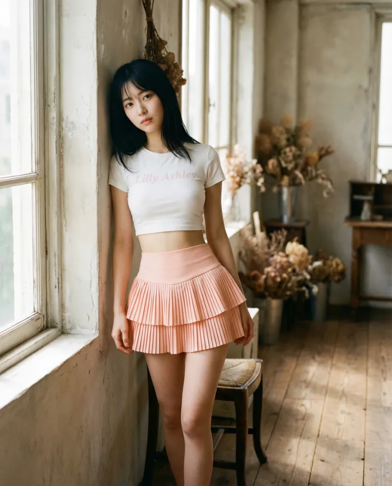 ピーチ二段プリーツミニスカート｜Nano Banana プロンプト（AI美女用）