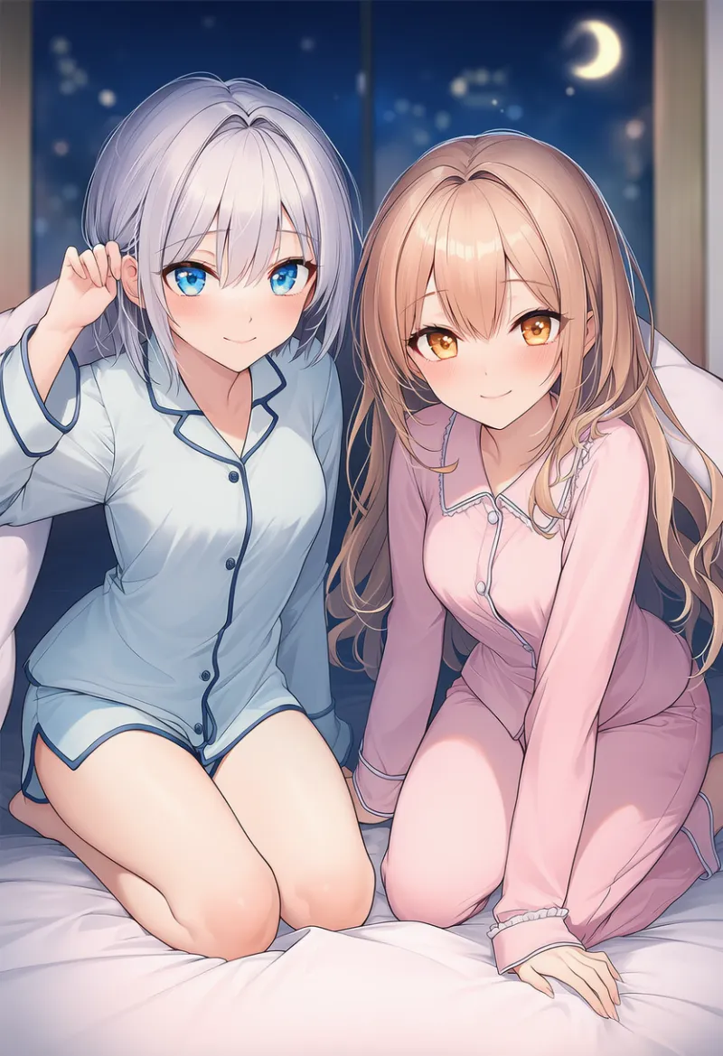 複数人のキャラがベッドに誘うポーズを再現したAIイラストとプロンプト