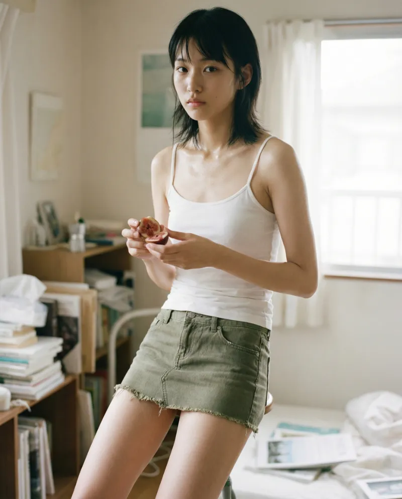 カーキ色のカットオフ・デニムミニスカートを履いたAI美女の作例