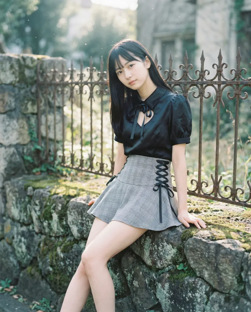 サイドレースアップのグレーのミニスカートのAI美女の作例