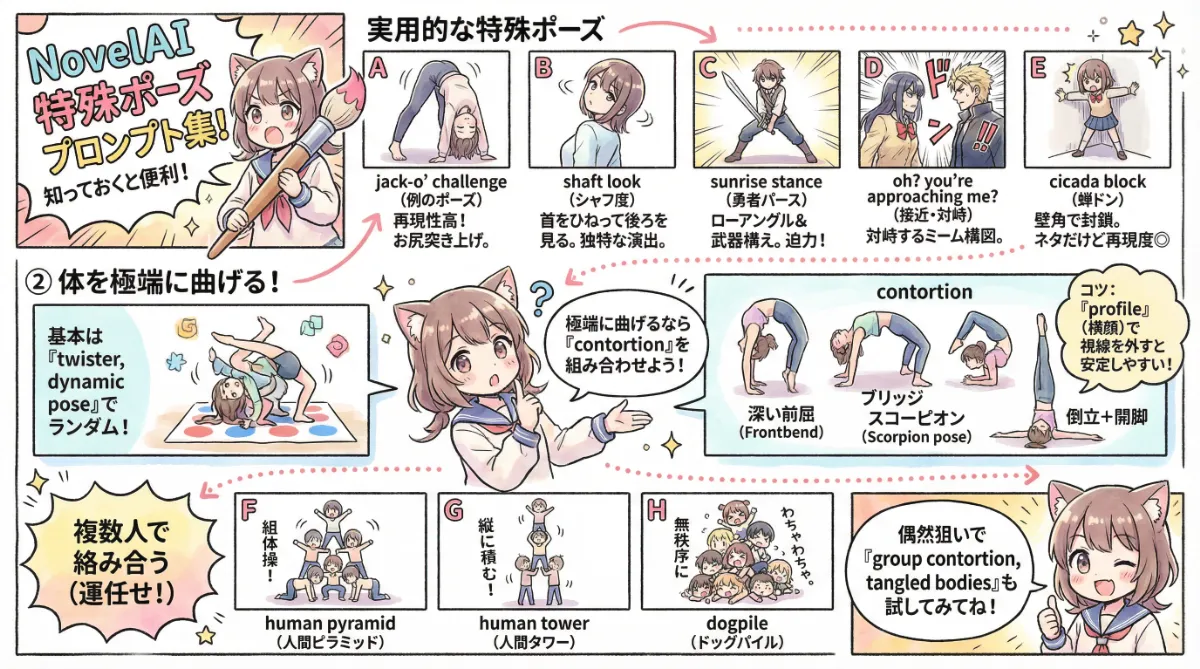 NovelAI用:特殊なポーズのプロンプト集のまとめ用の図解イラスト